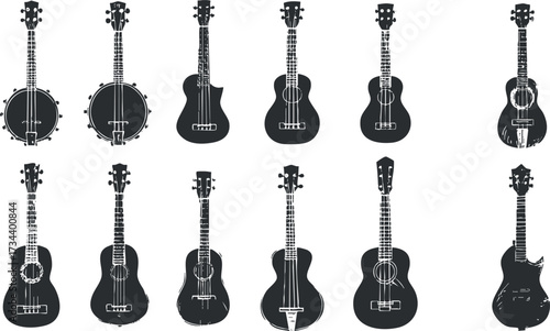 A collection of various string instruments including guitars, banjos, and ukuleles in black and white..