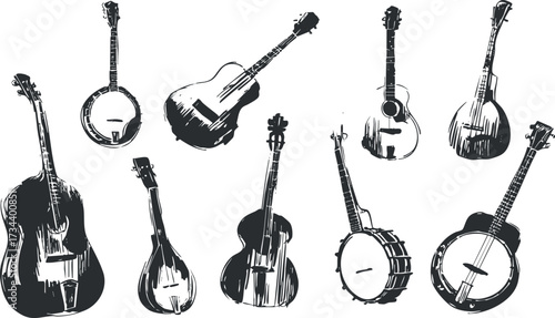 A collection of various string instruments including guitars banjos and mandolins in a stylized design..