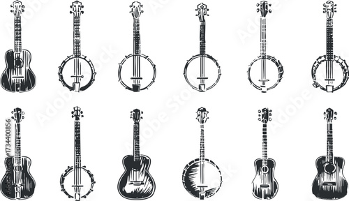 Collection of illustrated guitars and banjos in a vintage black and white style..