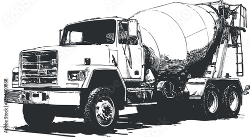 A detailed illustration of a cement truck designed for construction and concrete delivery..