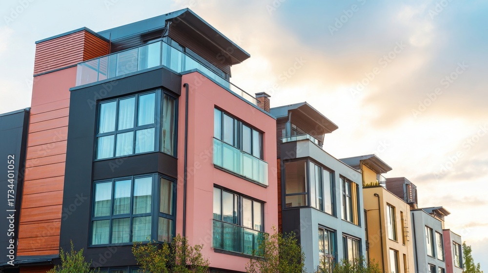 Obraz premium Modern apartment buildings transformed into tattoo designs at sunset,