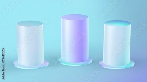 Three translucent cylindrical pedestals with iridescent pastel colors on a blue background abstract