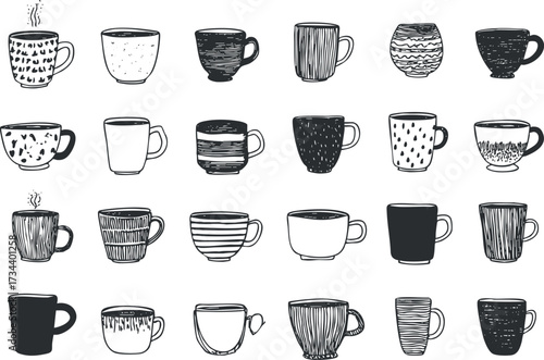 A collection of hand-drawn black and white mugs showcasing various designs and patterns..