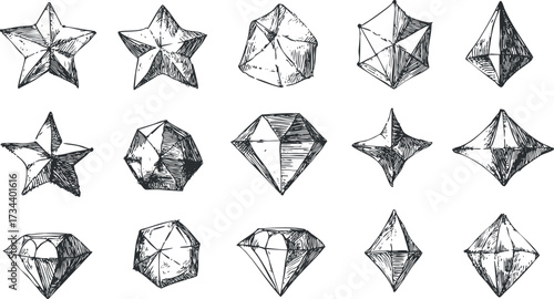 A collection of hand-drawn geometric shapes including stars and diamonds in various styles..