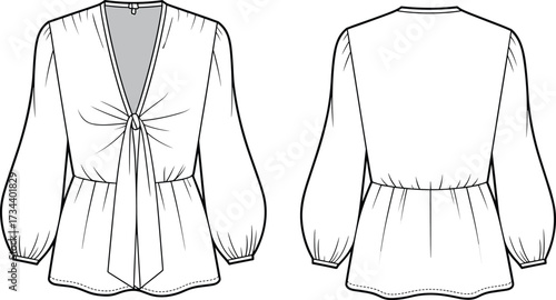 Women blouse with front tie knot, long sleeve loose fit fashion flat sketch, vector CAD clothing design illustration, stylish top template