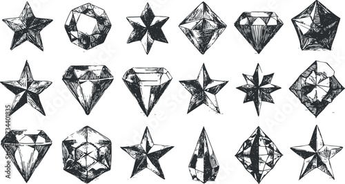 A collection of hand-drawn geometric shapes including stars and diamonds in various designs..