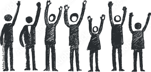 Illustration of a diverse group of people with hands raised, depicting celebration and unity..