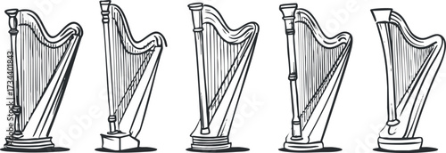 Illustration of four different styles of harps showcasing their unique designs and features..