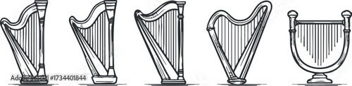 Illustration of different styles and designs of harps showcasing their elegant features..