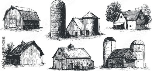 A collection of vintage farm buildings including barns and silos illustrated in black and white..