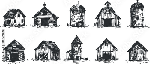 Collection of hand-drawn rural buildings including barns silos and sheds in black and white..