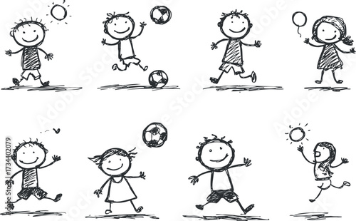 A playful illustration of children engaging in various activities outdoors like soccer and balloon play..