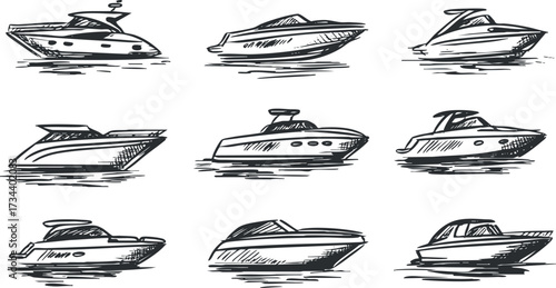 A collection of hand-drawn sketches featuring various types of boats and yachts on water..