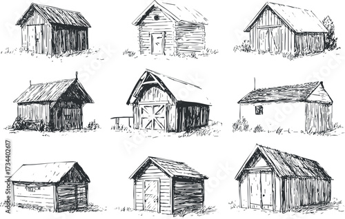 A collection of hand-drawn sketches depicting various styles of rural sheds and barns..