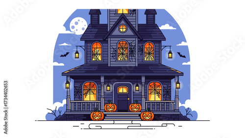 Spooky Haunted House: A dark, spooky haunted house with jack-o'-lanterns on the porch under a full moon, inviting the viewers into the heart of Halloween's haunted scene. 