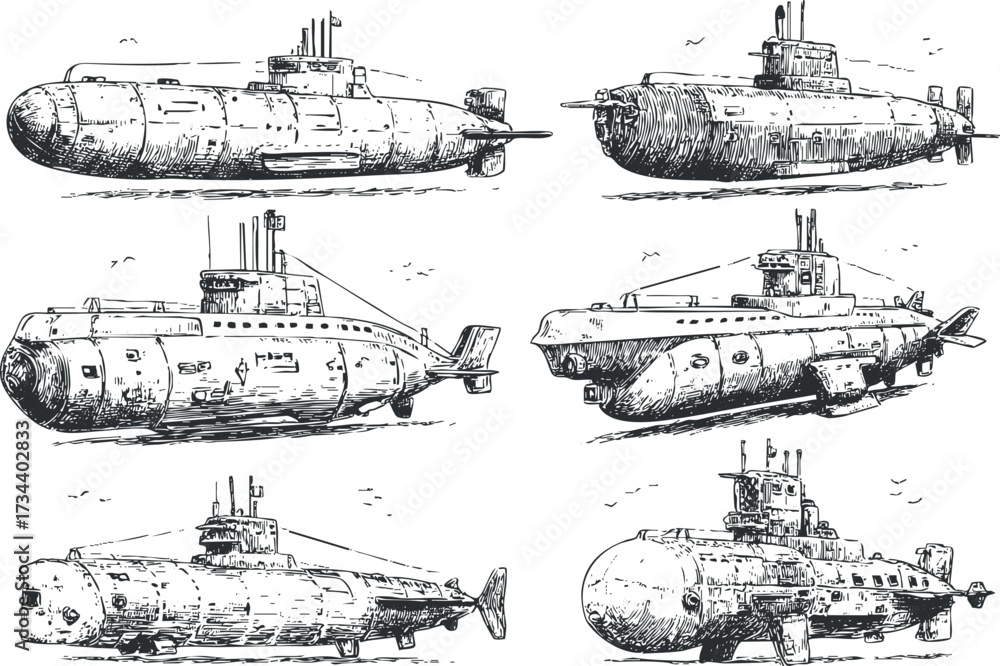 Obraz premium Illustration of various submarine designs showcasing their unique features and purposes in naval exploration..