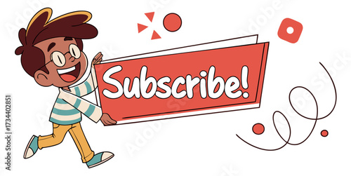 Cheery boy encourages viewers to subscribe to content for engaging social media platforms