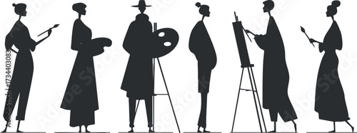 Silhouettes of artists engaged in creative activities with easels and palettes in a studio..