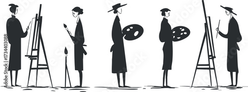 A series of artistic silhouettes depicting an artist at work with an easel and palette..