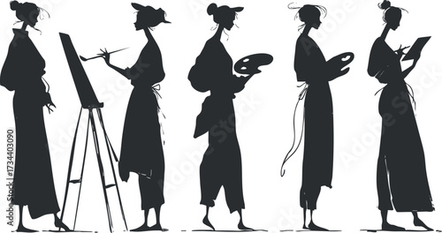 Silhouetted figures of a female artist engaged in various creative activities and painting..