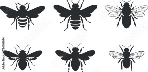 A collection of black silhouette bees showcasing various styles and wing designs..