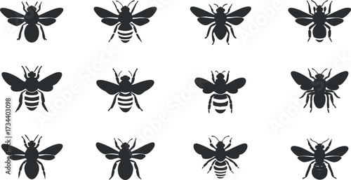 A stylish pattern featuring black silhouettes of bees arranged in a grid formation..