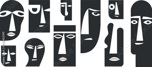 A collection of abstract black and white faces showcasing diverse emotions and expressions..