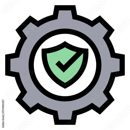 Icono de procesos internos seguros. Control, fiabilidad y cumplimiento organizacional. Engranaje con escudo de aprobación. Ilustración vectorial