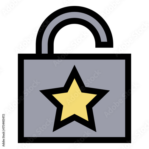 Icono de candado abierto con estrella. Acceso autorizado y privilegios especiales. Candado desbloqueado con símbolo de estrella. Ilustración vectorial