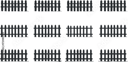A collection of black wooden picket fences in a repeating pattern suitable for design projects..