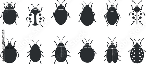 A collection of black silhouettes of various beetle insects arranged in a row..