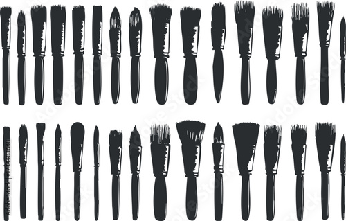 Collection of various makeup and art brushes in silhouette style for beauty and design..