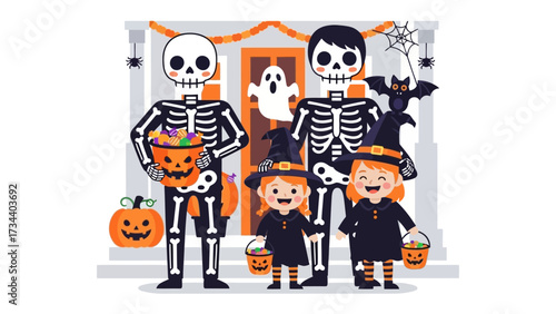 Spooky Halloween Family: Festive cartoon illustration captures a family in delightful Halloween costumes, ready to enjoy trick-or-treating, adorned with cheerful decorations and ghostly elements.