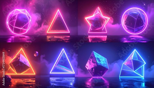 Set of Neon Glowing Abstract Shapes