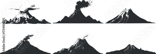 A detailed illustration showcasing different stages of volcanic eruptions in black and white..