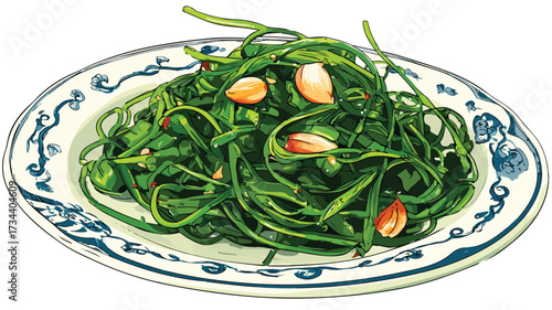 Exquisite Vietnamese Stir-Fried Water Spinach Dish - Culinary Art Photography