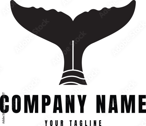 A bold and minimalist solid black vector silhouette of a whale or mermaid tail fluke, featuring a smoothly curved shape with simple stylized ripple lines near the base