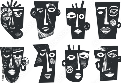 A collection of abstract black and white faces showcasing diverse expressions and styles..