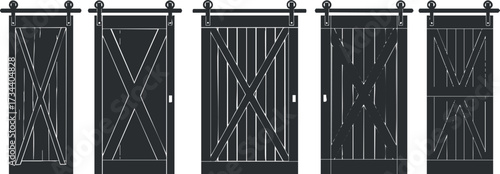 A collection of five stylish barn doors with sliding mechanisms for various interior designs..