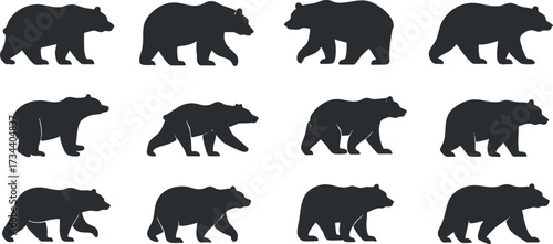 A collection of bear silhouettes in various poses and sizes suitable for design and illustration..