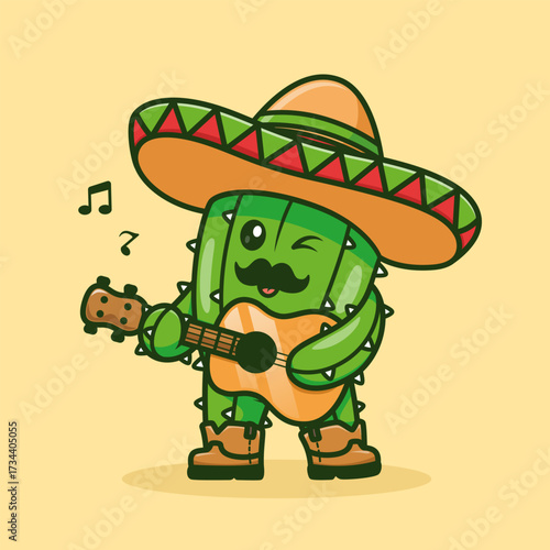 Cute Cactus Playing Guitar Music With Sombrero Hat Cartoon
