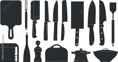 A collection of kitchen utensils and tools in silhouette style ideal for culinary design projects..