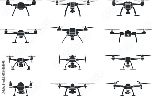 A collection of various drone silhouettes showcasing different designs and functionalities..