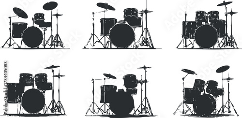 An artistic illustration of various drum sets in silhouette style for music and performance..