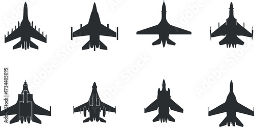 Collection of silhouetted fighter jets in various positions showcasing military aircraft design..