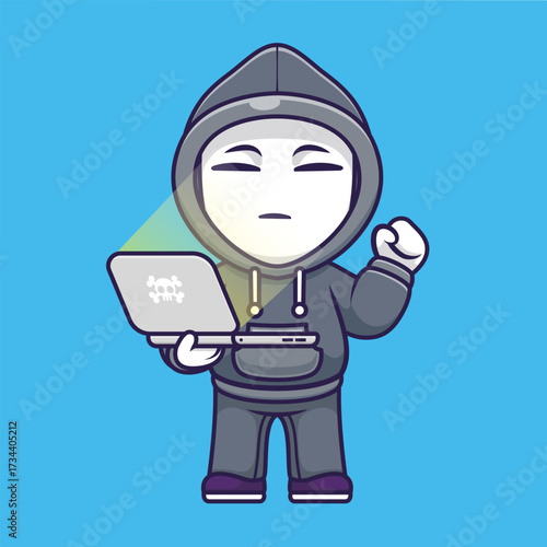 Cute Hacker Operating Laptop Cartoon 