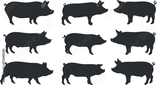 Collection of pig silhouettes showcasing various poses and angles for creative projects..