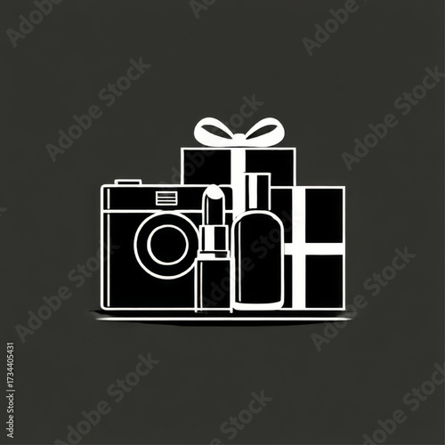 Assorted gift and beauty product icons, white outline, representing celebration and luxury shopping with copy space