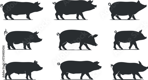 Collection of pig silhouettes showcasing various poses and shapes for graphic design purposes..