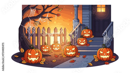 Halloween's Spooky Welcome:  An illustrated Halloween scene of glowing jack-o'-lanterns on a porch, shrouded in eerie cobwebs and set against a glowing sunset.